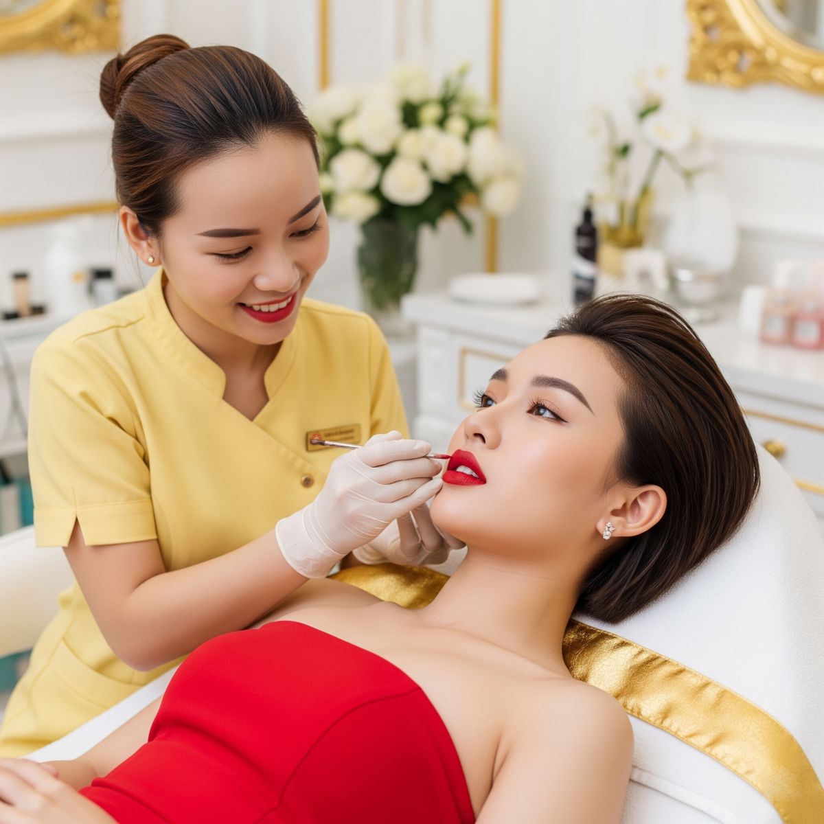Kỹ thuật viên thực hiện phun môi tại Ngọc Hường