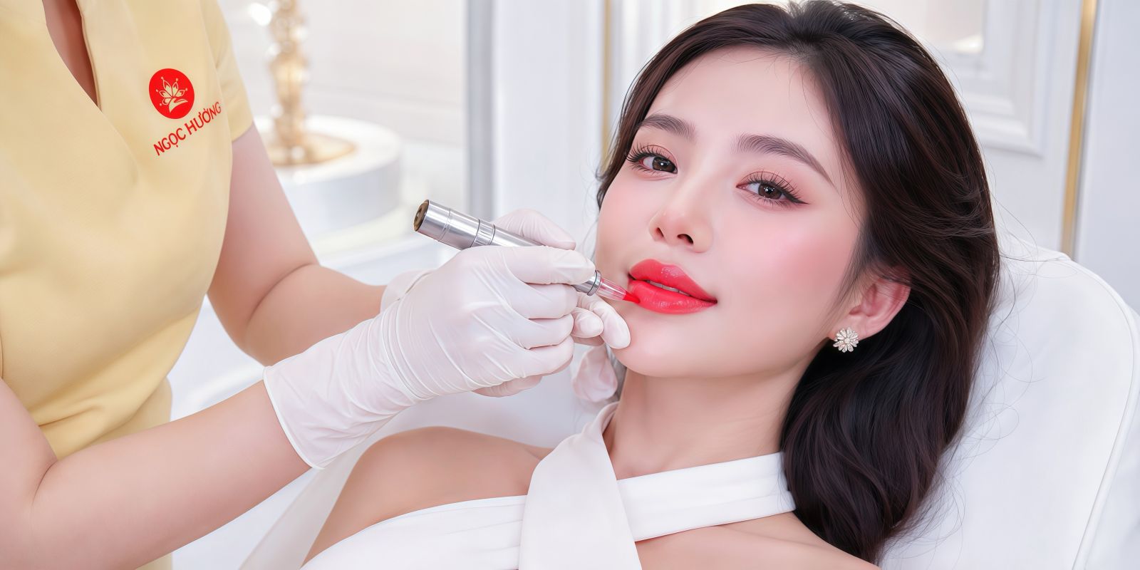 Kỹ thuật viên thực hiện phun môi cho khách hàng tại Ngọc Hường